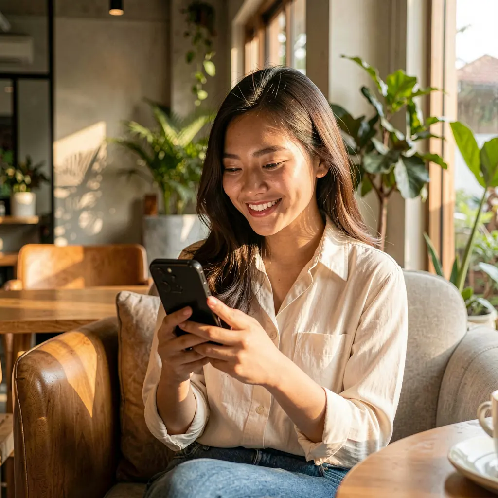 Confident Filipino woman exploring the NNPH VIP mobile casino app on her smartphone in a stylish indoor setting